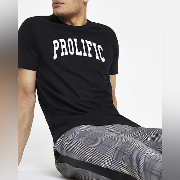River Island Mens Black Embroidered 'Prolific' Print Slim Fit T-Shirt - Picture 4 of 5